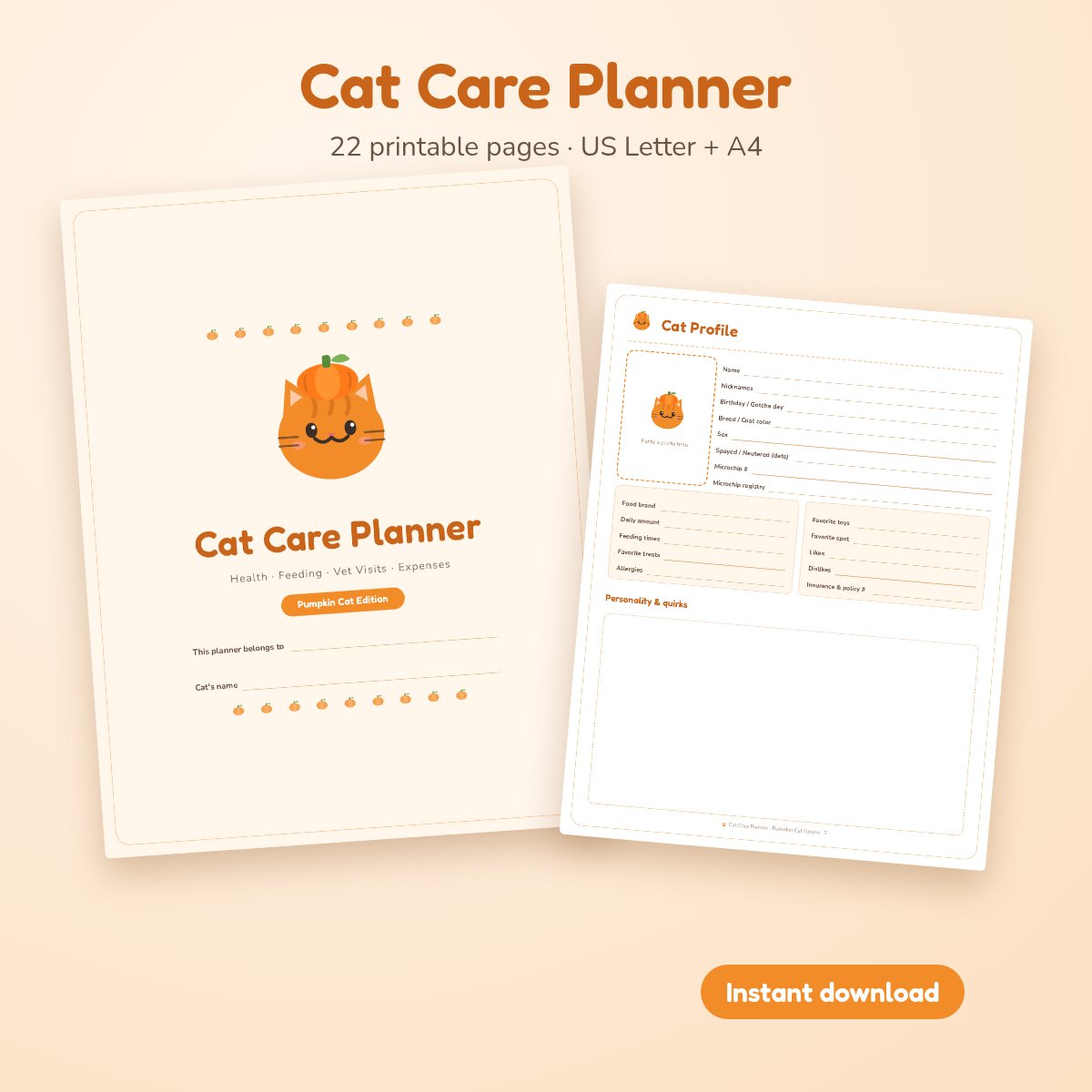 Cat Care Planner cover and cat profile page