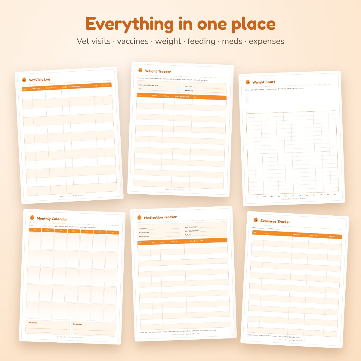 Inside pages: vet log, weight tracker, feeding log, calendar